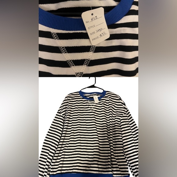 Striped Long Sleeve Sweatshirt | Black & White with Blue Trim | Size Large - Picture 1 of 1
